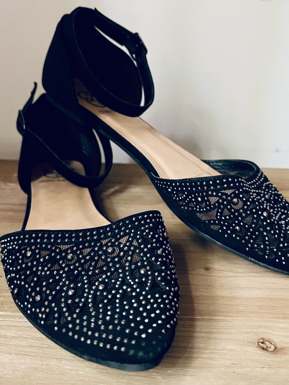 sheer black embellished pointed-toe ankle strap flats